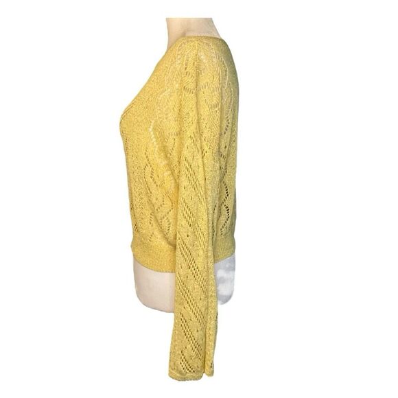 Line & Dot Crochet Sweater Yellow Lace Boat Neck Bell Long Sleeves Open Knit S - Picture 2 of 8